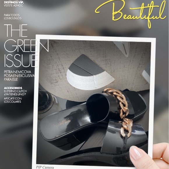 Black Patent Leather Look Slides/Mules w/Gorgeous Gold Chainlink Hardware Detail - Picture 8 of 16